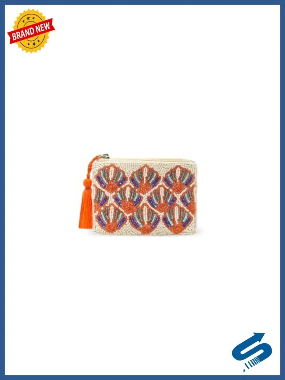 Hand-Beaded Coin Pouch with Seashell Motif, Tassel Zipper, 5 x 3.5 In